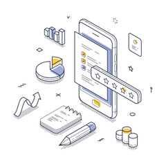 Fototapete - Online survey concept. Smartphone interacting with various data visualization elements. It features graphs, charts, and feedback options to highlight user engagement metrics in a contemporary style