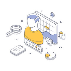 Poster - User profile surrounded by analytics tools such as charts, ratings, and notes. It portrays a modern workspace focused on data evaluation and performance insights. Vector illustration