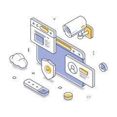 Poster - Online security, featuring a computer with shields, cameras, and identity icons, surrounded by abstract shapes that highlight modern protection methods. Isometric line vector illustration