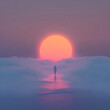 © ольга курбатова - a distant silhouette of a person walking into a glowing sunrise, slight fog, dreamlike environment, sleek futuristic minimalism, clean gradients, soft color palette, cinematic atmosphere