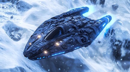 blue space ship is flying through the sky above a snowy mountain. the ship is surrounded by a blue l