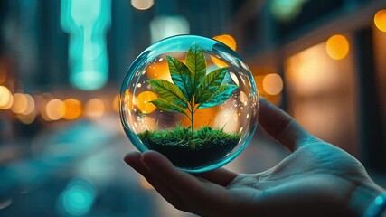 Poster - Hand holding a transparent orb with a small green plant inside, illuminated by colorful bokeh lights in an urban environment for an eco-friendly concept