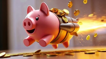 Poster - Fun and Creative Illustration of a Flying Piggy Bank with Coins in a Dynamic and Energetic Setting Depicting Savings and Financial Growth