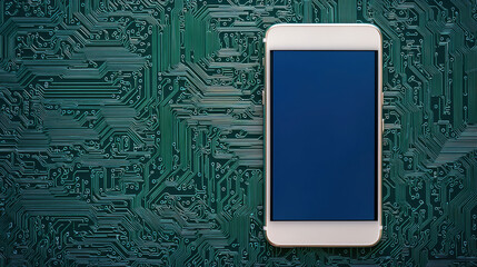 Poster - smartphone rests green circuit board, showcasing blend of technology and innovation. intricate patterns of circuit highlight device advanced