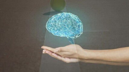 Poster - Holding glowing brain hologram, hand symbolizing innovation and animation technology