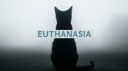 Leinwandbilder - A back view of black cat is sitting on the ground in front of a white background and text 