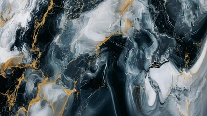 Poster - Elegant abstract marble texture with smooth swirling patterns in rich black, white, and gold hues ideal for background and design projects