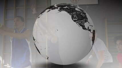 Poster - Globe with text animation over basketball players in gym setting