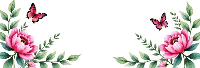 Wall Mural - Watercolor hand painted nature romantic banner frame with green eucalyptus plants, pink blossom peony flowers and butterflies on the white background for invitations and greeting cards, invitations