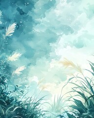 Poster - Serene Watercolor Landscape: Abstract Sky and Pampas Grass Illustration. Soft, calming aesthetic.