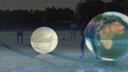 Poster - Soccer players on field with planet animation over net and grass