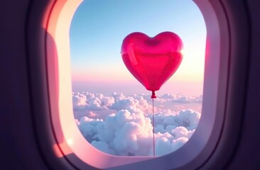 Wall Mural - view from the plane window to the sky with clouds and heart shape red balloon