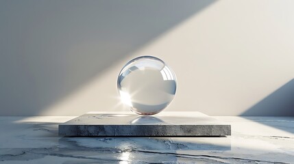 Poster - A minimalistic podium with a clear crystal sphere, centered on a sleek base