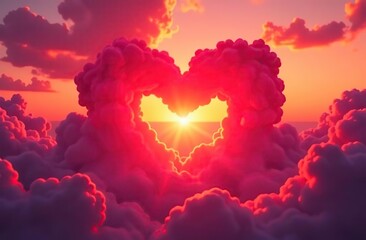 Wall Mural - red heart shaped clouds at sunset. beautiful love background with copy space.valentine's day concept
