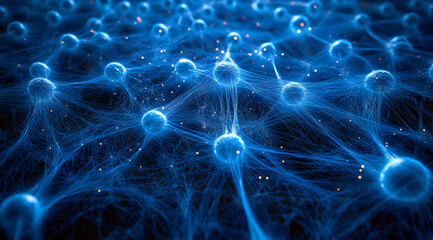 Poster - Abstract blue digital background with glowing network connections and light particles, forming an intricate web of interconnected dots on a dark backdrop