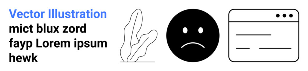 Black sad face icon, abstract plant, and minimal browser window layout. Ideal for emotion, feedback, error page, UX design, web development, digital branding simple landing page