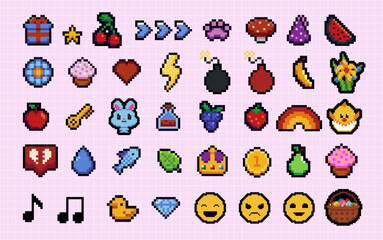 Fototapete - Set of pixel art speech bubbles and icons. Wow. Surprise. Bang. Bomb. Retro game style dialogue box and elements vector collection. Pixels Y2k trendy playful stickers. 8bit. Mood of 90's aesthetics