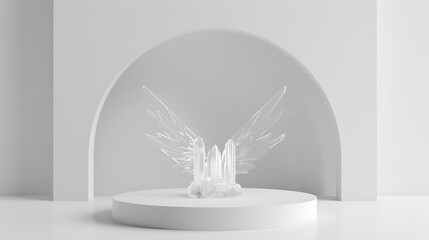 Poster - A minimalistic podium with a clear crystal wing, placed against a plain backdrop