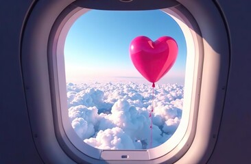 Wall Mural - view from the plane window to the sky with clouds and heart shape red balloon
