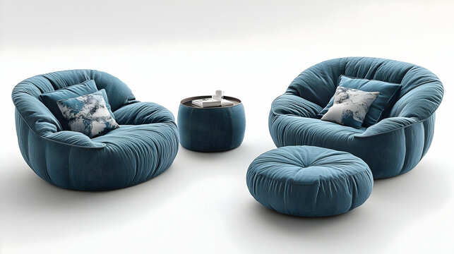 Pixelated Blue Armchairs and Coffee Table in Modern Interior Design with Comfortable Cushions in a Bright White Background Setting