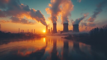 Aufkleber - Clouds of steam billow from powerplant smokestacks as the sun sets, casting warm hues over the water. Infrastructure supports energy generation, vital for local communities.