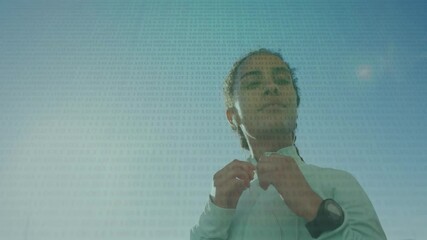 Poster - Adjusting earphones, person with binary code animation in school background
