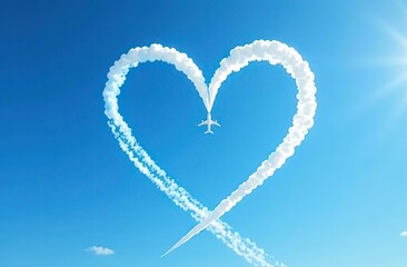 Wall Mural - airplane flying through clear blue sky left heart shape of vapour trails behide