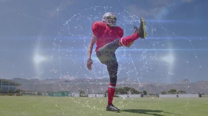 Poster - American football player kicking ball with digital network animation overlay