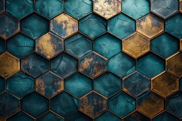 Poster - Sophisticated geometric pattern background with interlocking hexagons in teal and gold hues