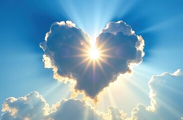 Wall Mural - sky background. vibrant color cloud, blue clouds in park. sun up in blue heart shape sky sunny day w