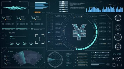 Poster - Motion graphic of Blue digital money logo with head up display (HUD UI) panel and futuristic technology abstract background crypto currency finance and digital money video concepts	