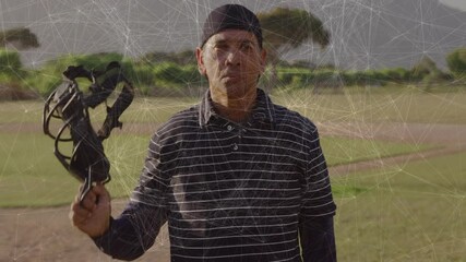 Poster - Holding baseball glove, man with network connections animation overlay in background