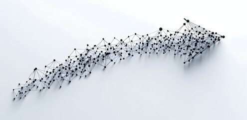 Poster - Black and white data visualization of interconnected nodes forming the shape of an arrow on a pure white background
