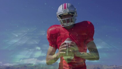 Poster - American football player holding ball with digital data processing animation overlay