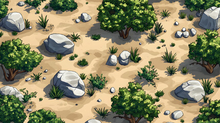 Seamless Pixel Art Landscape Texture with Rocks Bushes and Trees in a Desert Environment