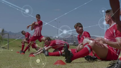 Poster - Soccer players stretching on field with network connections animation overlay