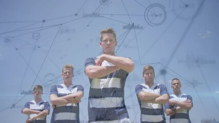 Poster - Standing confidently, rugby players with animation of digital network graphics