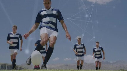 Poster - Kicking ball, soccer players in striped uniforms with network connections overlay