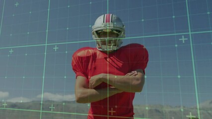 Poster - American football player in red jersey on field with animation grid overlay