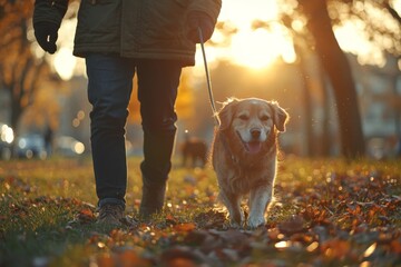 Poster - Person enjoys a peaceful stroll through the park with a golden retriever while the sun sets, casting a warm glow on the autumn leaves around them Generative AI