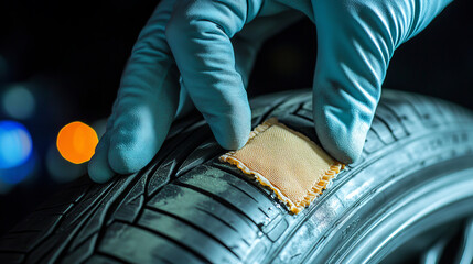 A mechanic wearing gloves applies a patch to a damaged tire for repair.