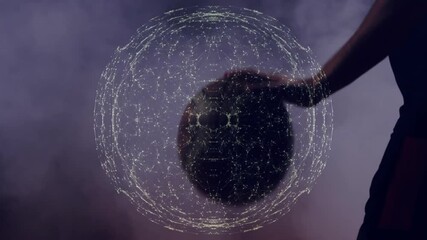 Poster - Spinning basketball in hand with animated network connections overlay in school