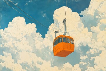 Wall Mural - a cable car is seen ascending high into a sky filled with thick clouds a ski lift ascending into the
