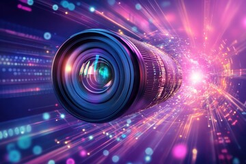 Poster - a camera lens displayed on a vibrant purple backdrop graphical representation of data transfer .