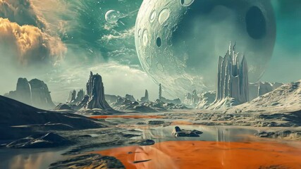 Poster - Futuristic landscape featuring celestial bodies and dramatic terrain in a distant galaxy, Futuristic landscape with space elements and celestial bodies looming over alien terrain structures