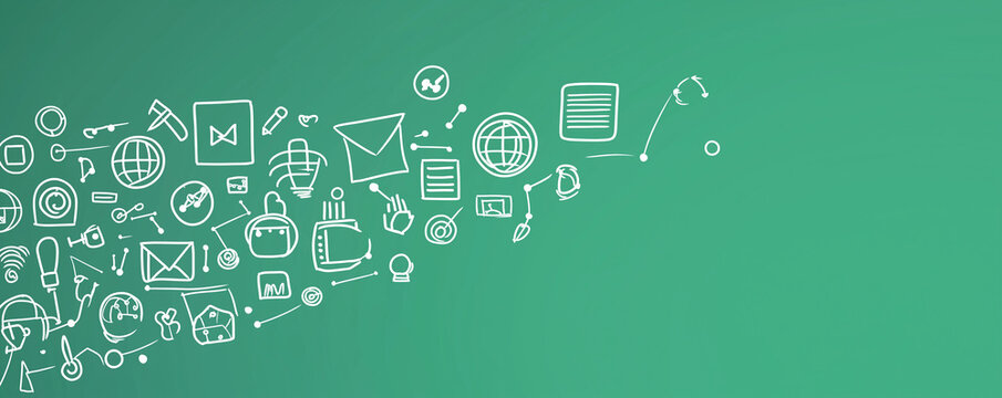 Green Background with White Line Drawings of Digital Icons A Visual Representation of the Digital World
