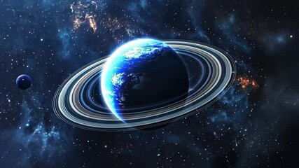 Poster - Majestic blue planet with rings floating in the vastness of space, saturn planet in space with ring video background live wallpaper