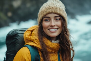 Fototapete - A young woman in a cozy beanie and jacket smiles while hiking along a coastal trail, surrounded by stunning ocean views and rocky cliffs Generative AI