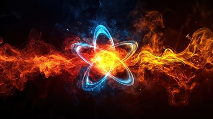 Fototapete - Vibrant abstract background featuring an atom surrounded by fiery and glowing energy waves, symbolizing chaos and scientific exploration.