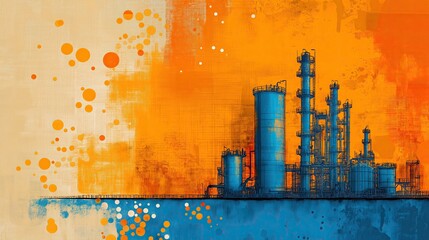Aufkleber - Vibrant industrial background featuring abstract shapes and structures in blue and orange hues, evoking energy and creativity.